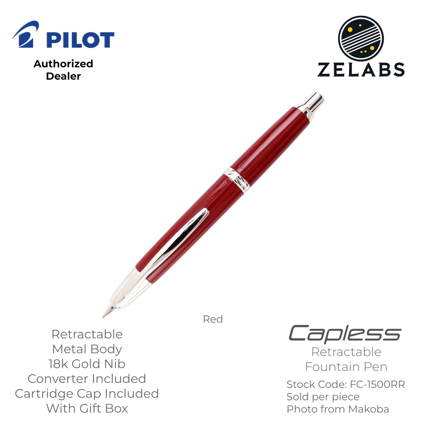 Pilot Capless / Vanishing Point Fountain Pen - Standard - 18k - FC-1800RB | FC-1500RR