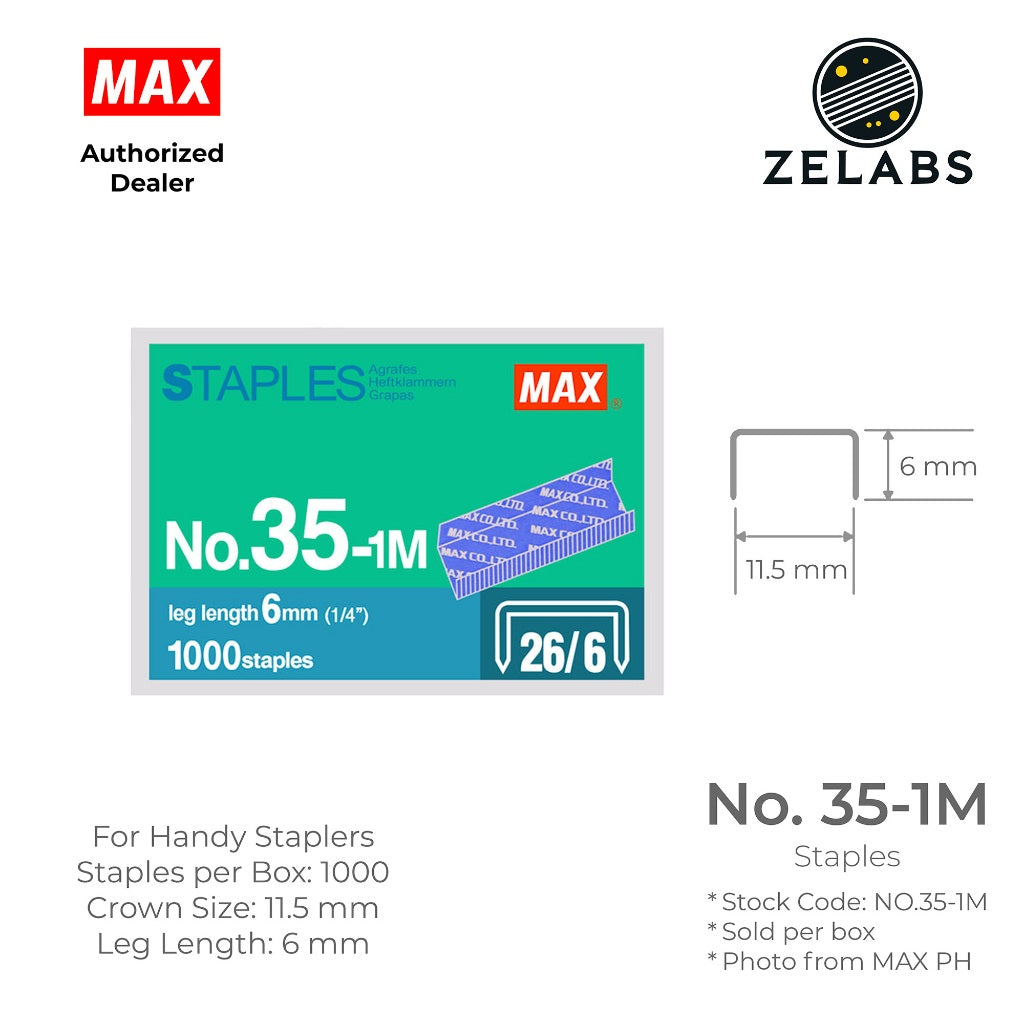 MAX No.35-1M Staples (1000 staples / box) - For Standard (26/6) Staplers