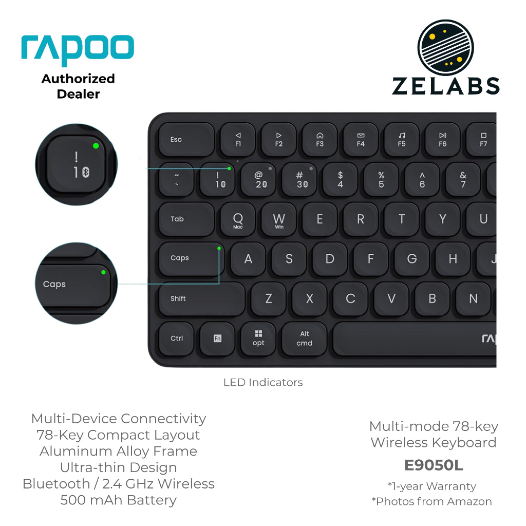 Rapoo E9050L Rechargeable Bluetooth Ultra-slim Multi-mode Wireless Keyboard - Aluminum Base - 78-key