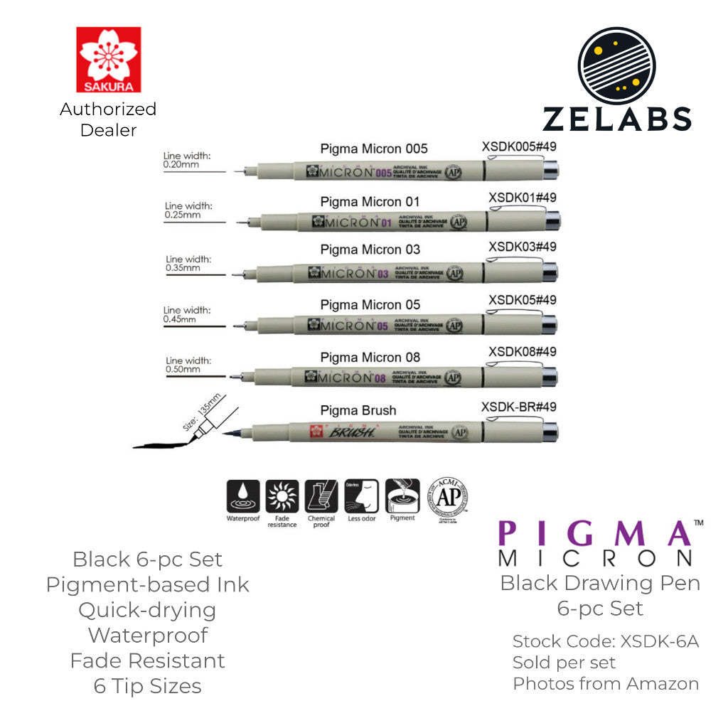 Sakura Pigma Micron Drawing Pen / Technical Pen Black 6-pc Set - XSDK-6A
