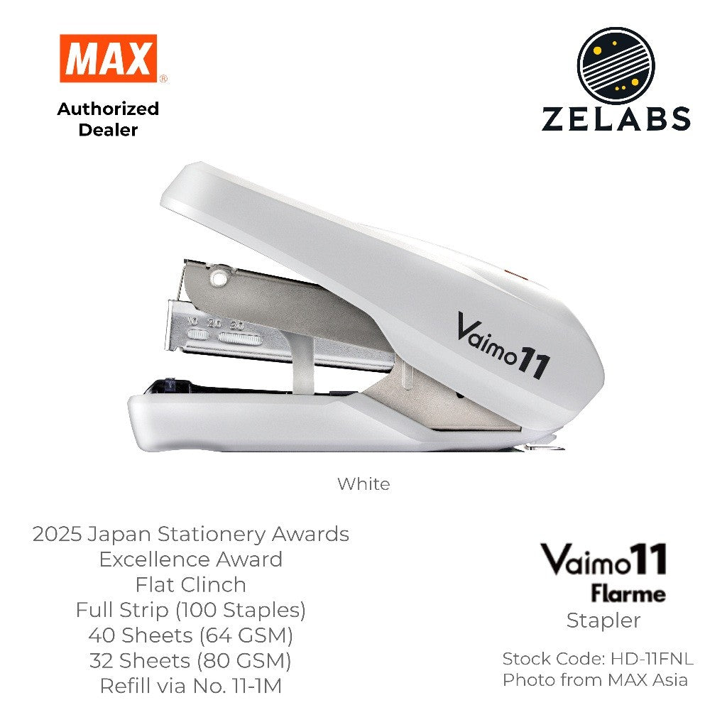MAX Vaimo 11 Flarme HD-11FNL Desk Stapler - Tip-Curved Flat Clinch Stapler (Refill by No.11 Staples)