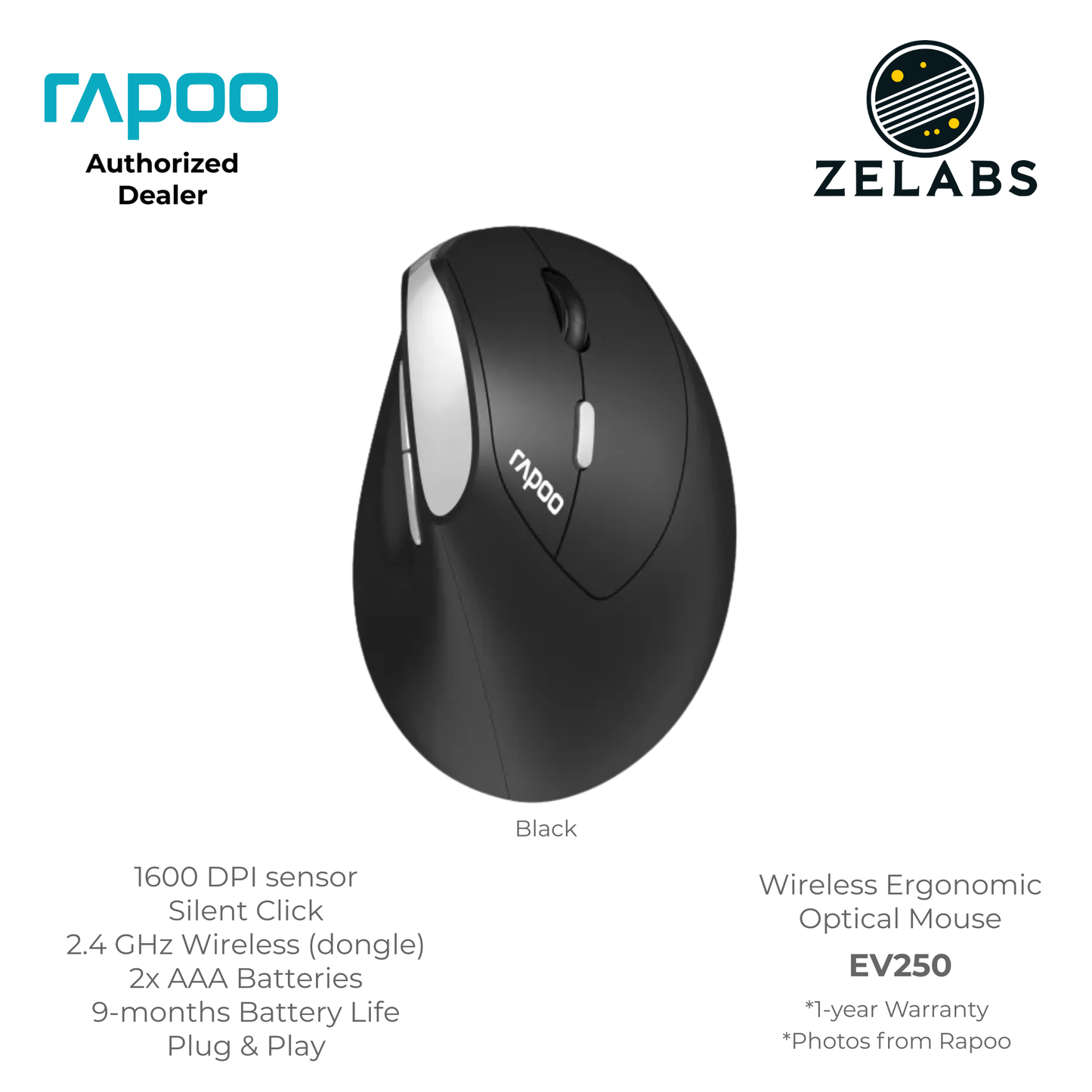 Rapoo EV250 2.4 GHz Wireless Ergonomic Vertical Mouse - Adjustable DPI - Plug & Play