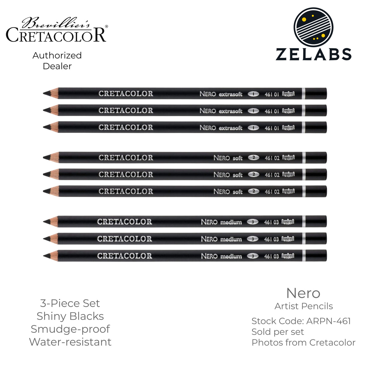 Cretacolor Nero Oil-Based Artist Pencils (3-Piece Set) - ARPN-461 - Extra Soft | Soft | Medium