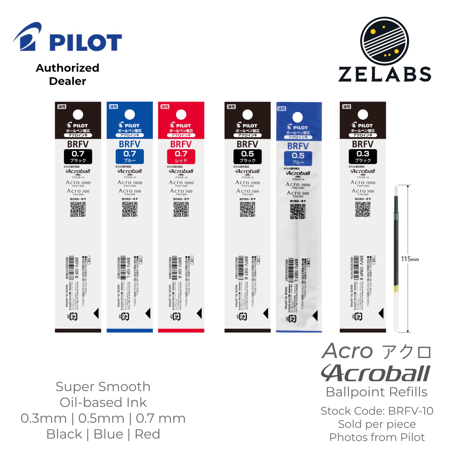 Pilot Acro Acroball Ballpoint Refill - BRFV-10 - 0.3mm | 0.5mm | 0.7mm