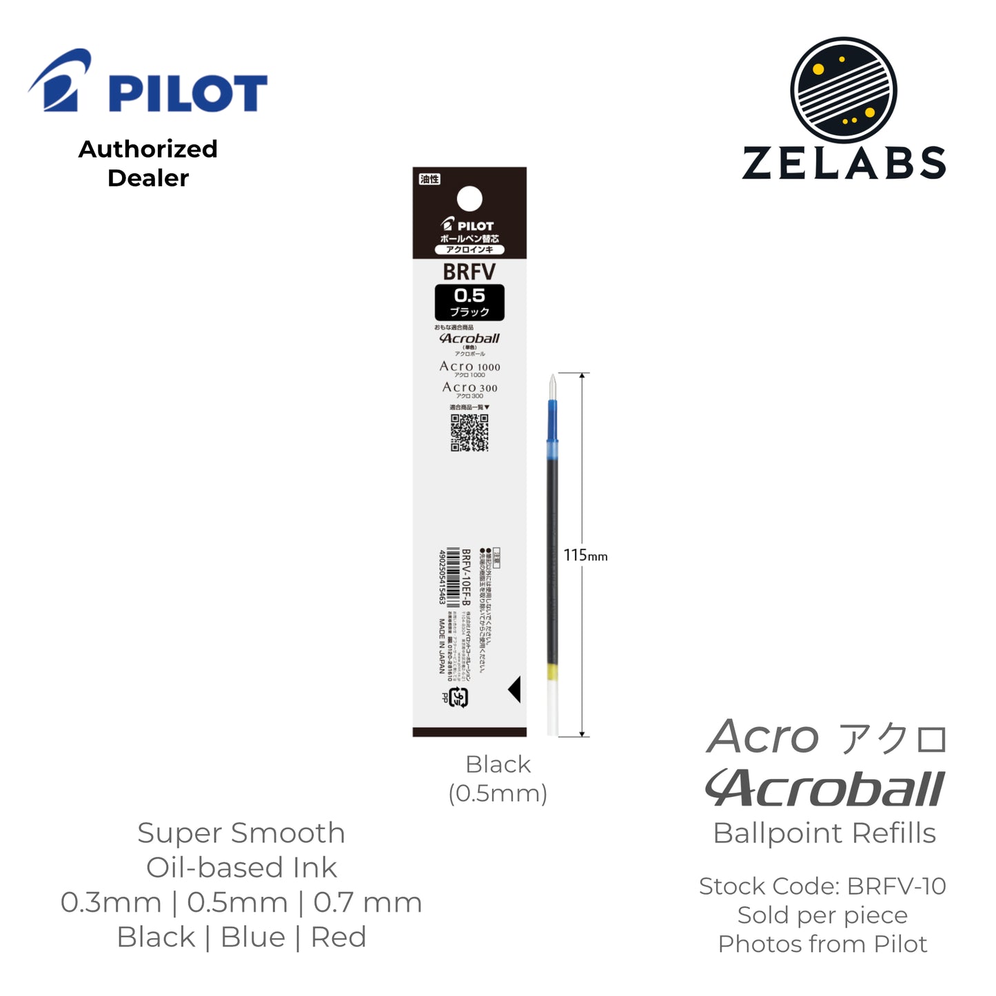 Pilot Acro Acroball Ballpoint Refill - BRFV-10 - 0.3mm | 0.5mm | 0.7mm