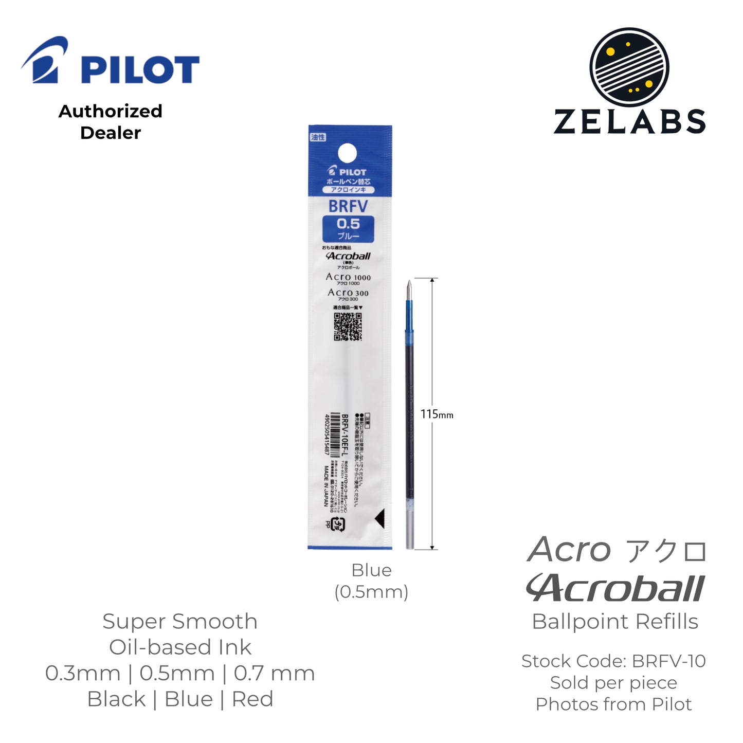 Pilot Acro Acroball Ballpoint Refill - BRFV-10 - 0.3mm | 0.5mm | 0.7mm