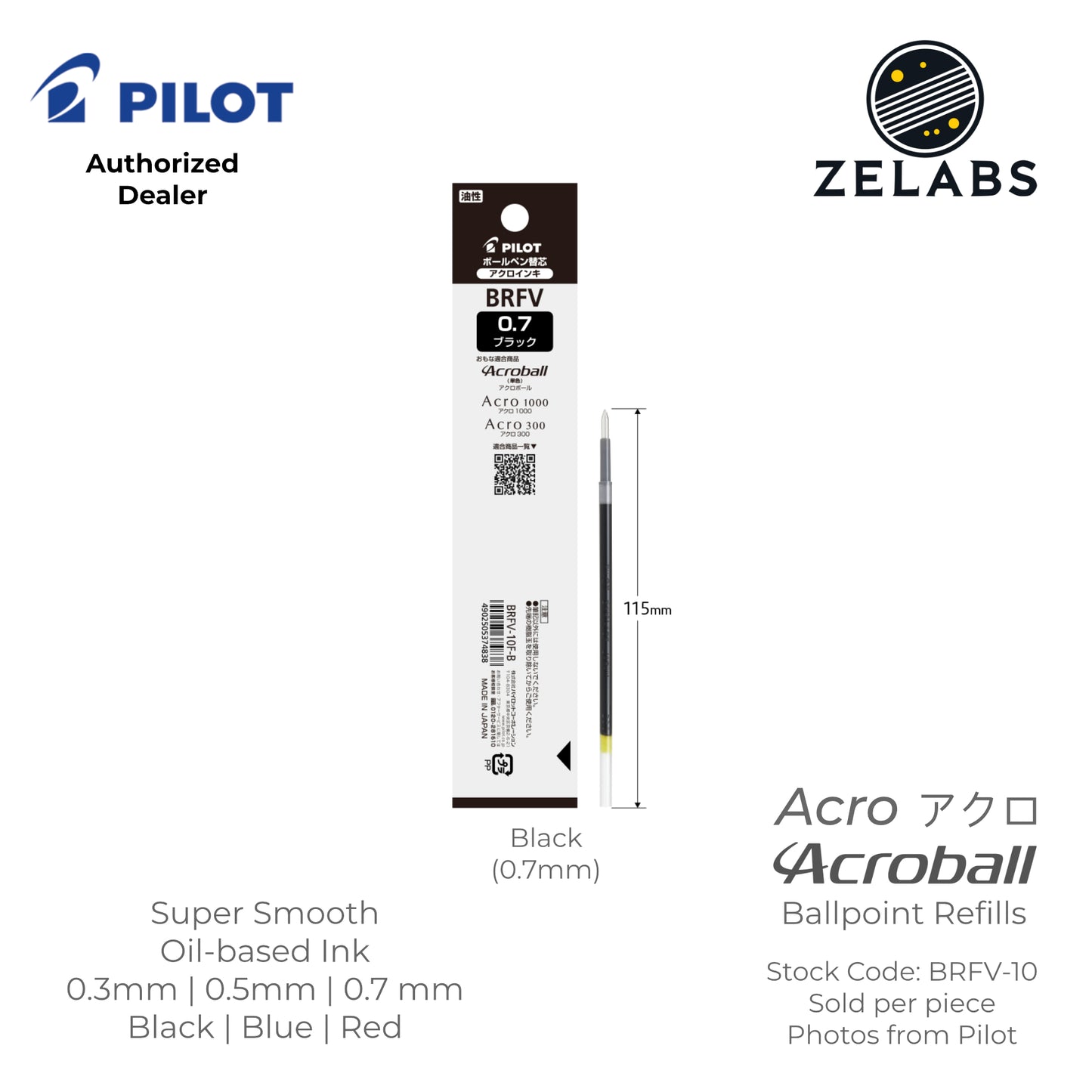 Pilot Acro Acroball Ballpoint Refill - BRFV-10 - 0.3mm | 0.5mm | 0.7mm