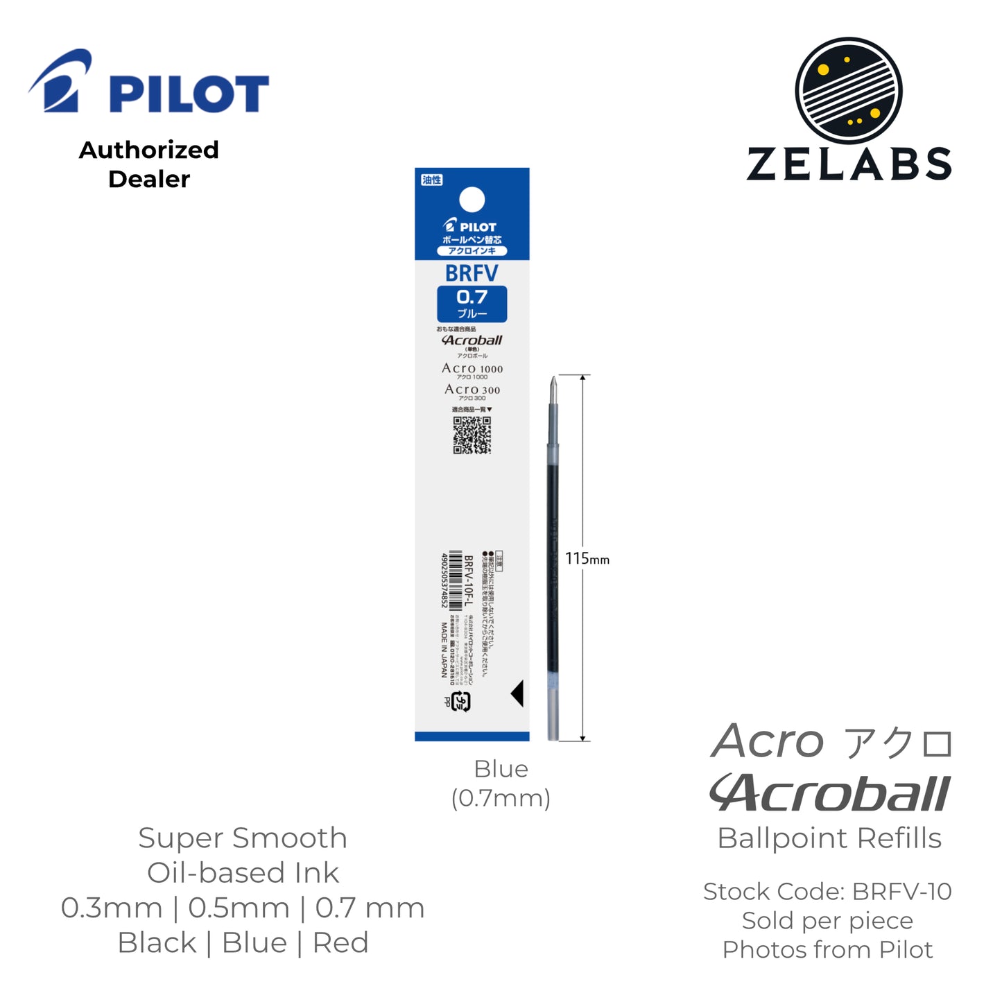 Pilot Acro Acroball Ballpoint Refill - BRFV-10 - 0.3mm | 0.5mm | 0.7mm