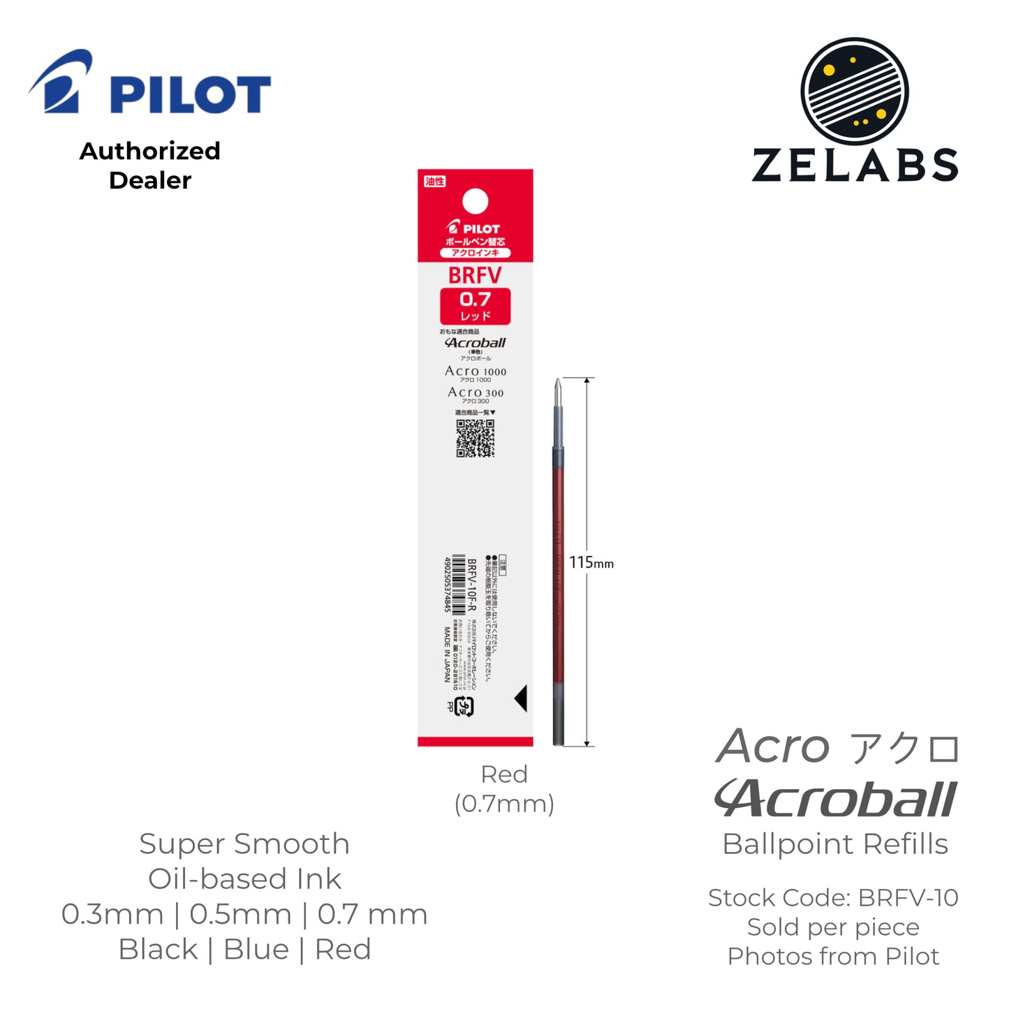 Pilot Acro Acroball Ballpoint Refill - BRFV-10 - 0.3mm | 0.5mm | 0.7mm