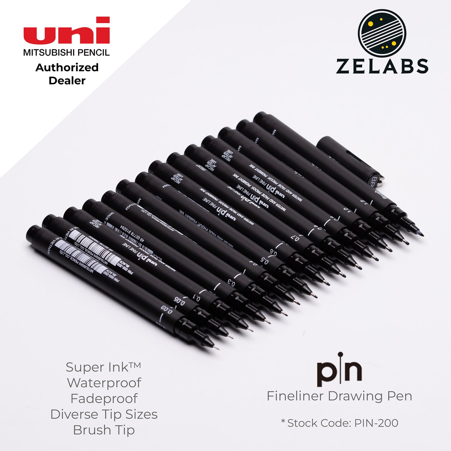 Uni Pin Fineliner Drawing Pen (Felt Tip) - PIN-200 - 0.03mm to 1.2mm