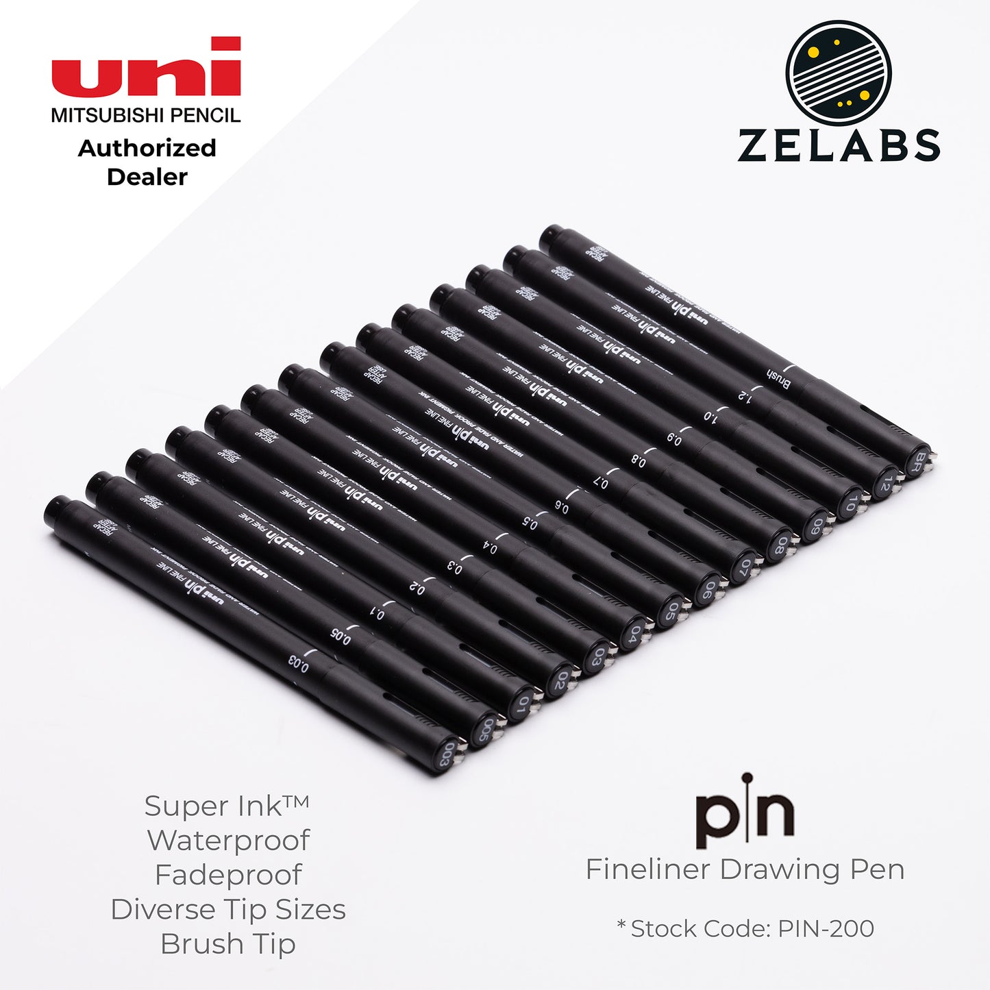 Uni Pin Fineliner Drawing Pen (Felt Tip) - PIN-200 - 0.03mm to 1.2mm