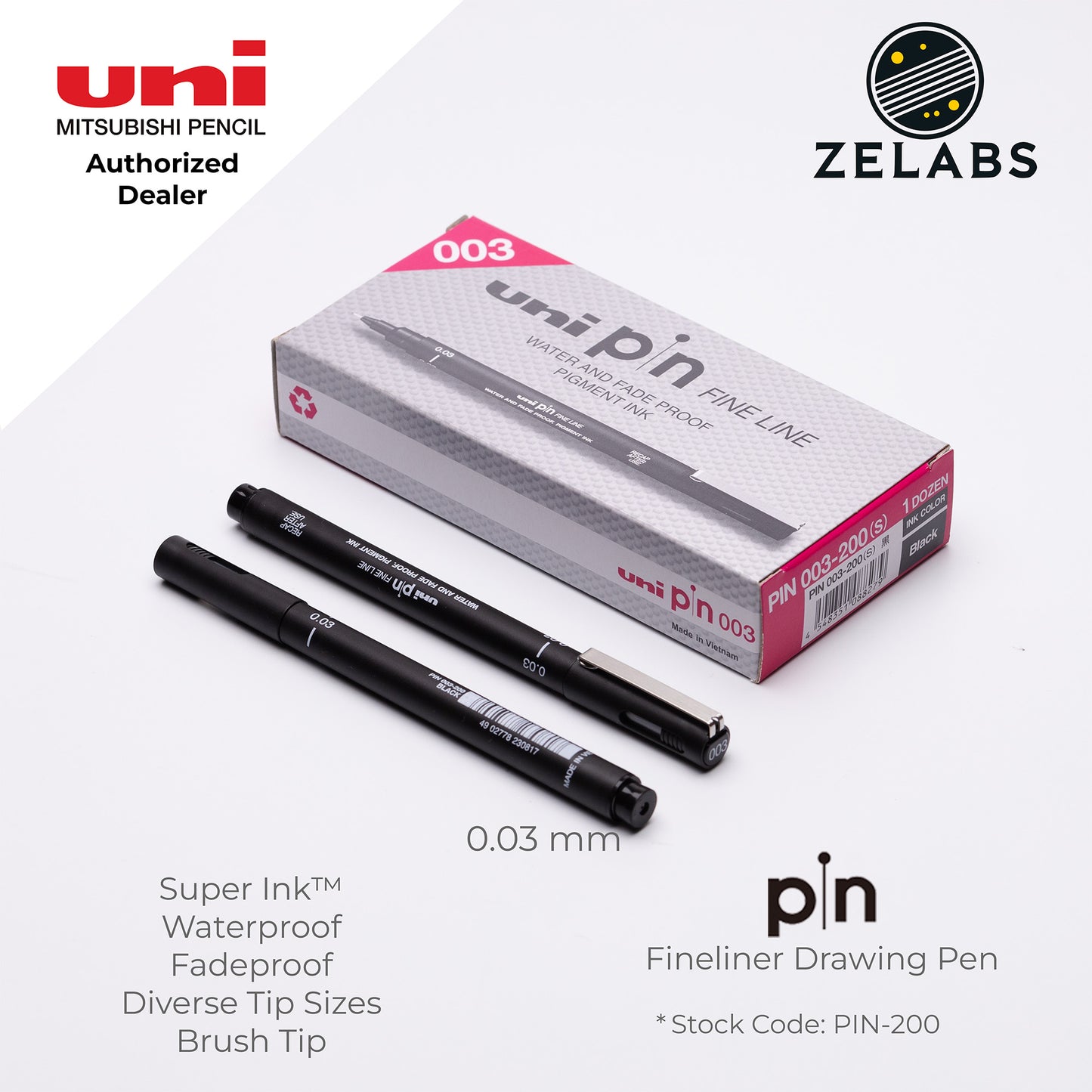 Uni Pin Fineliner Drawing Pen (Felt Tip) - PIN-200 - 0.03mm to 1.2mm