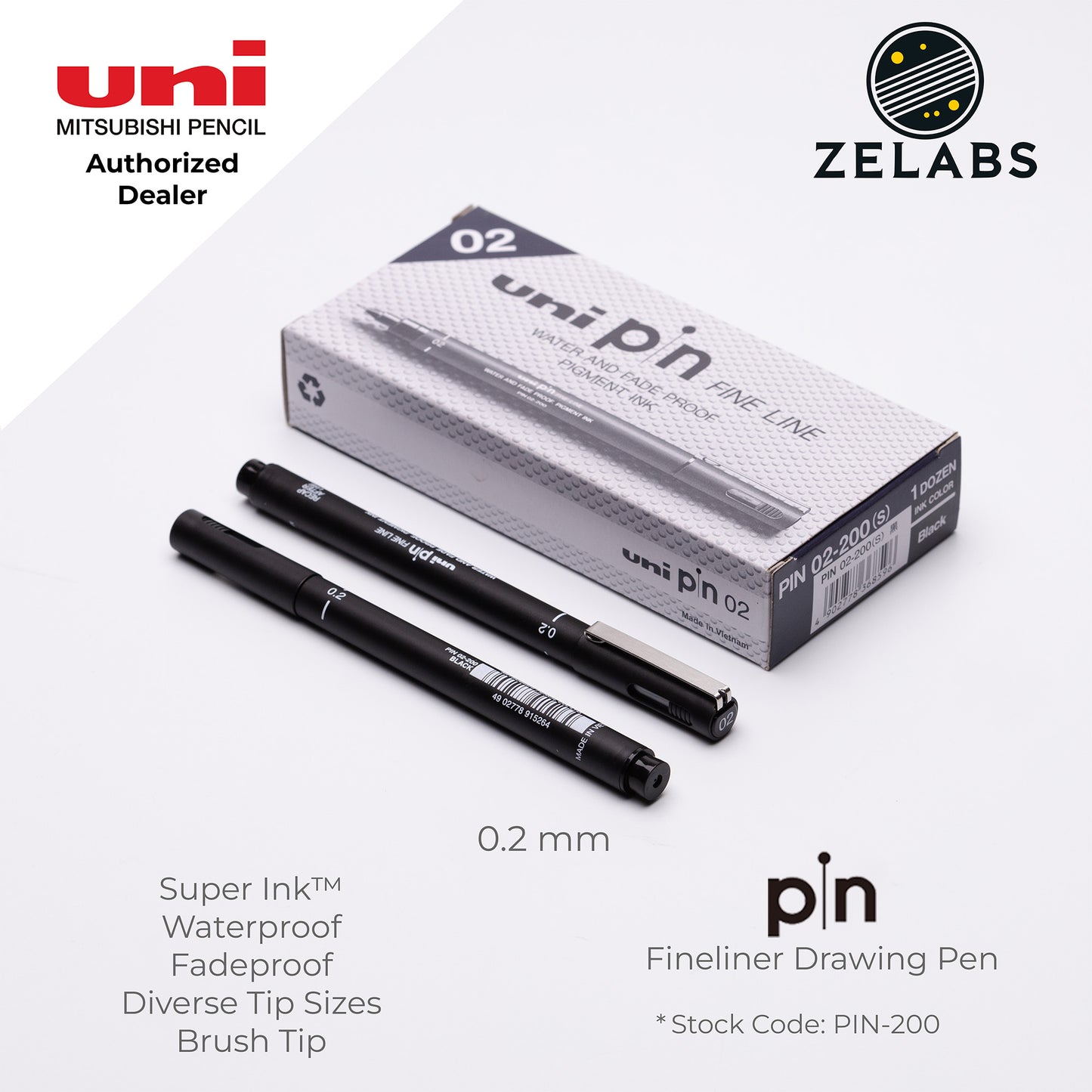 Uni Pin Fineliner Drawing Pen (Felt Tip) - PIN-200 - 0.03mm to 1.2mm