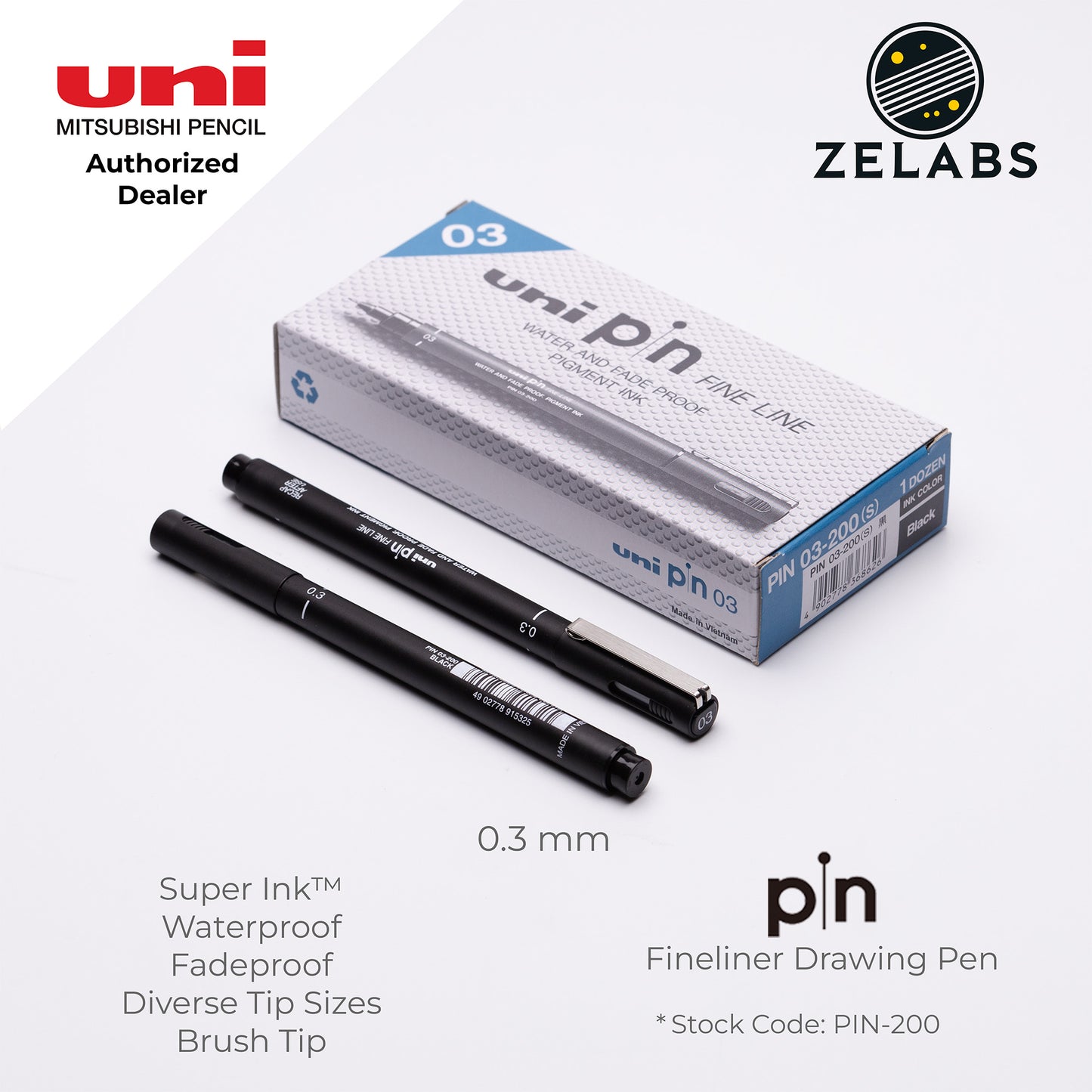 Uni Pin Fineliner Drawing Pen (Felt Tip) - PIN-200 - 0.03mm to 1.2mm