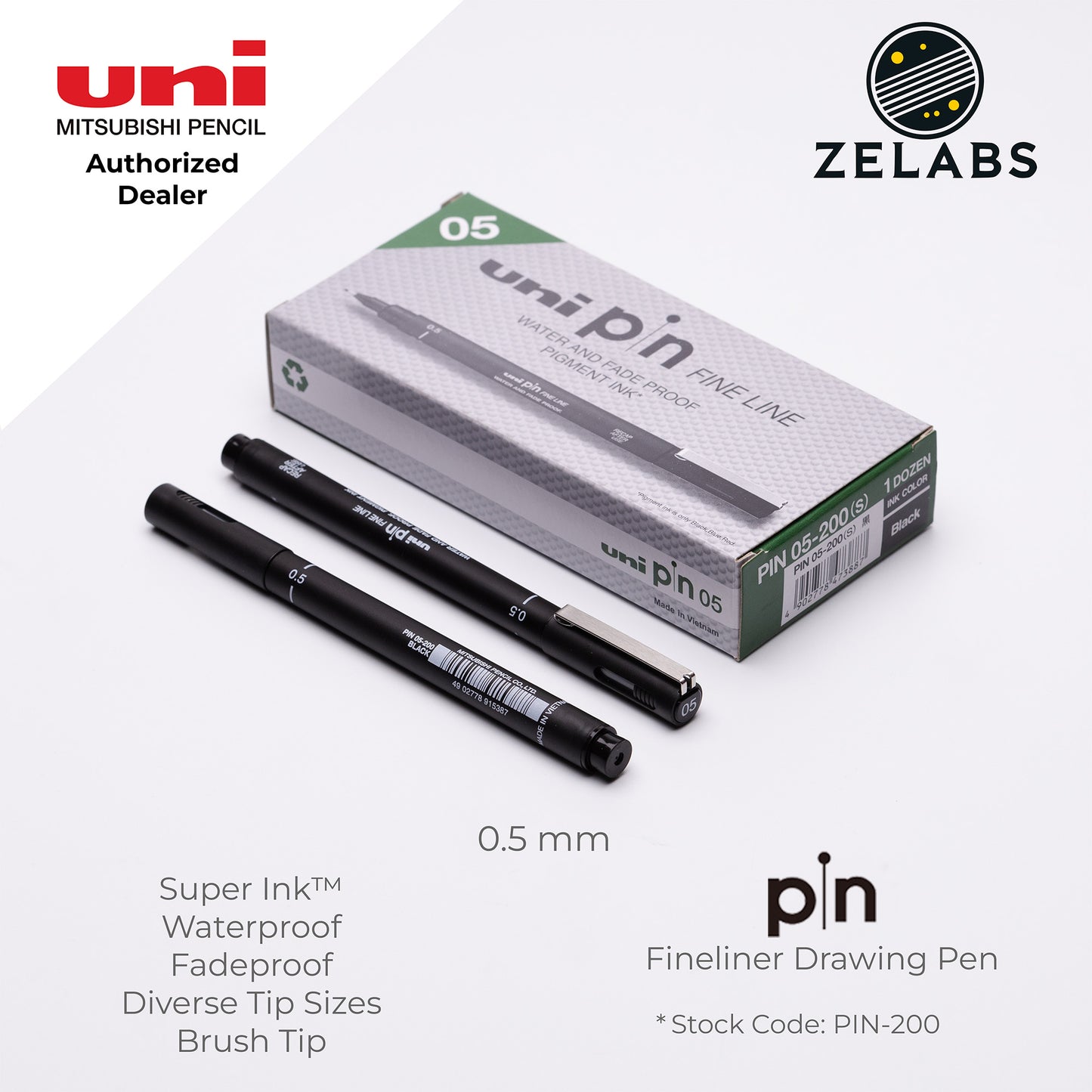 Uni Pin Fineliner Drawing Pen (Felt Tip) - PIN-200 - 0.03mm to 1.2mm