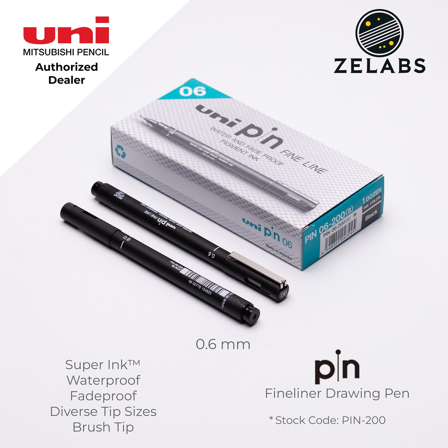 Uni Pin Fineliner Drawing Pen (Felt Tip) - PIN-200 - 0.03mm to 1.2mm