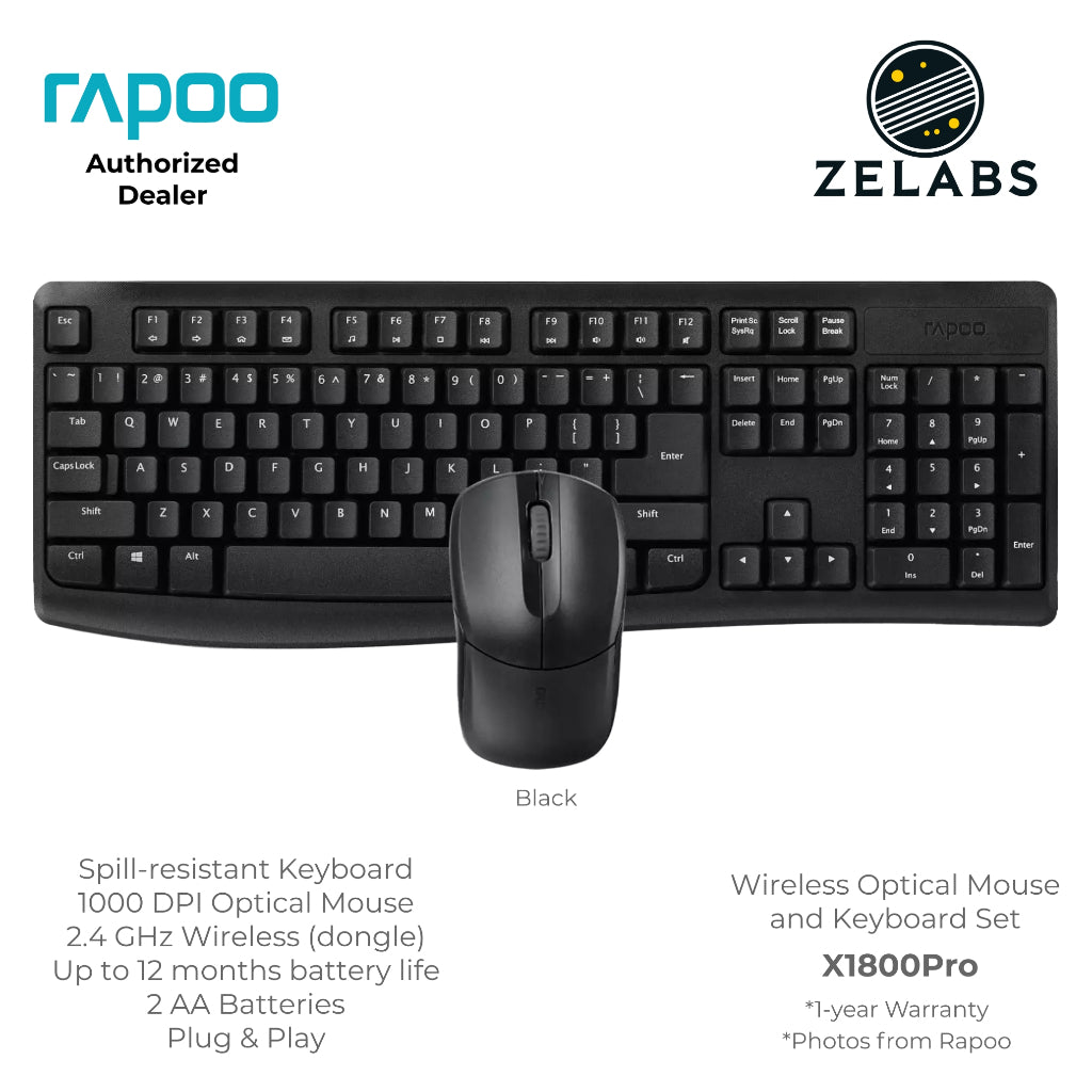 Rapoo X1800Pro Rechargeable Wireless Optical Mouse and Keyboard Set Bundle - Plug & Play - ISO