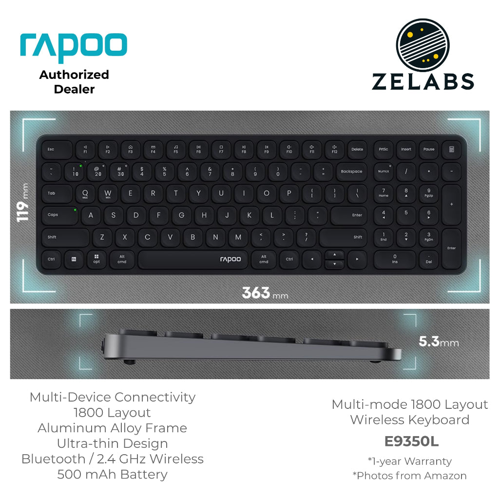 Rapoo E9350L Rechargeable Bluetooth Ultra-slim Multi-mode Wireless Keyboard - Aluminum Base - 99-key