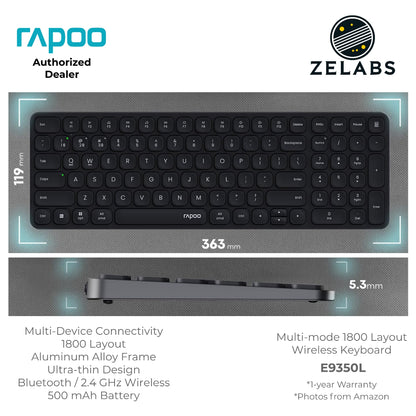Rapoo E9350L Rechargeable Bluetooth Ultra-slim Multi-mode Wireless Keyboard - Aluminum Base - 99-key