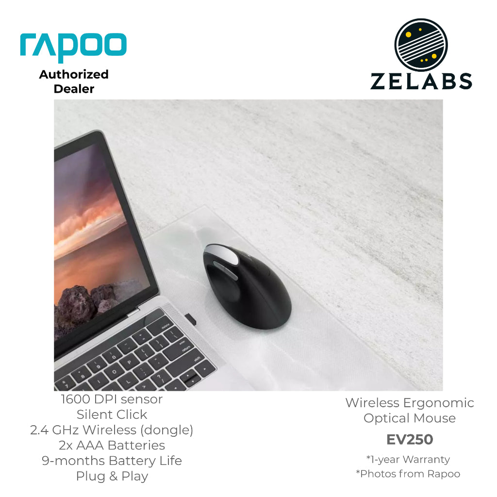 Rapoo EV250 2.4 GHz Wireless Ergonomic Vertical Mouse - Adjustable DPI - Plug & Play