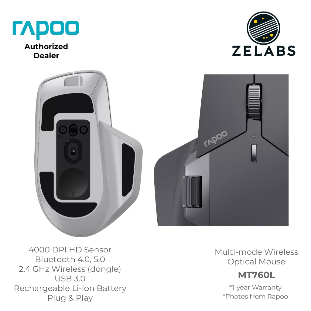 Rapoo MT760L Multi-Mode Rechargeable Bluetooth Wireless Optical Mouse - Adjustable DPI - Plug & Play