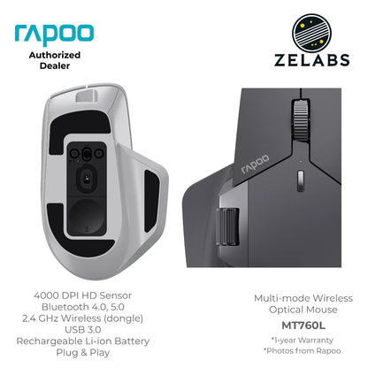 Rapoo MT760L Multi-Mode Rechargeable Bluetooth Wireless Optical Mouse - Adjustable DPI - Plug & Play