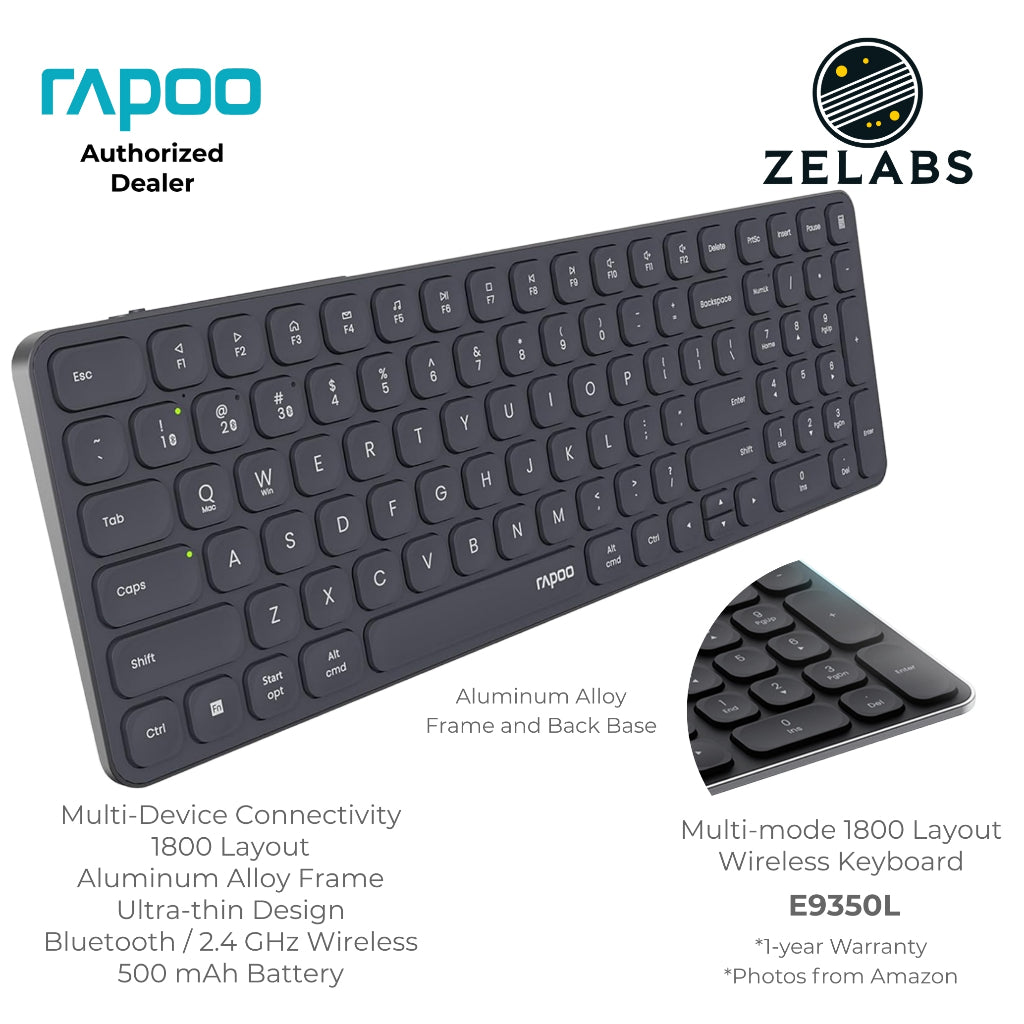 Rapoo E9350L Rechargeable Bluetooth Ultra-slim Multi-mode Wireless Keyboard - Aluminum Base - 99-key