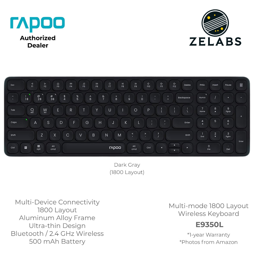 Rapoo E9350L Rechargeable Bluetooth Ultra-slim Multi-mode Wireless Keyboard - Aluminum Base - 99-key