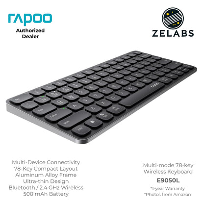 Rapoo E9050L Rechargeable Bluetooth Ultra-slim Multi-mode Wireless Keyboard - Aluminum Base - 78-key