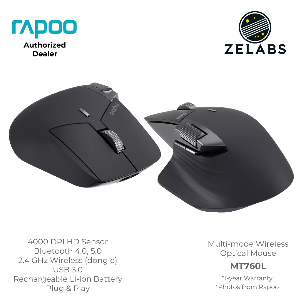Rapoo MT760L Multi-Mode Rechargeable Bluetooth Wireless Optical Mouse - Adjustable DPI - Plug & Play