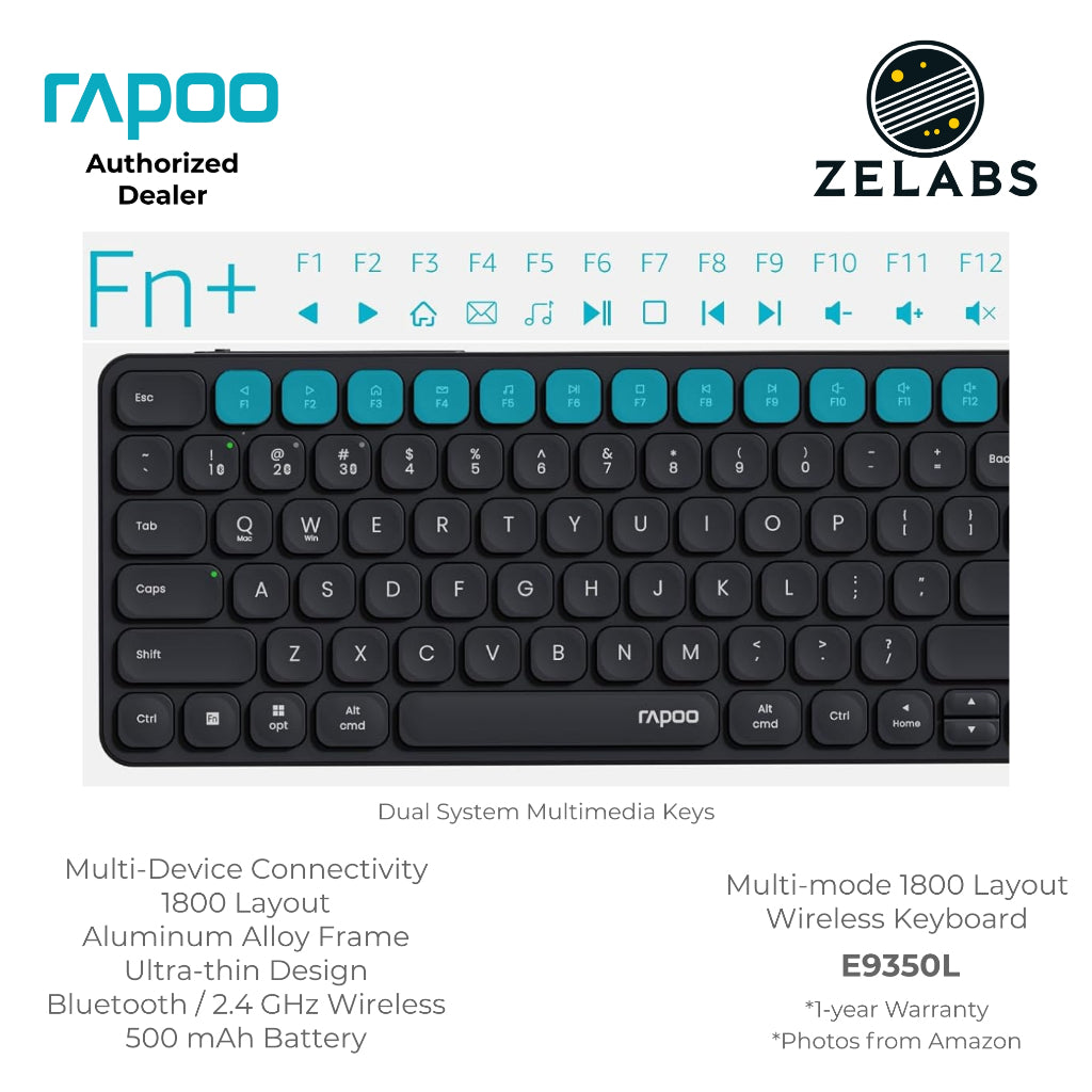 Rapoo E9350L Rechargeable Bluetooth Ultra-slim Multi-mode Wireless Keyboard - Aluminum Base - 99-key