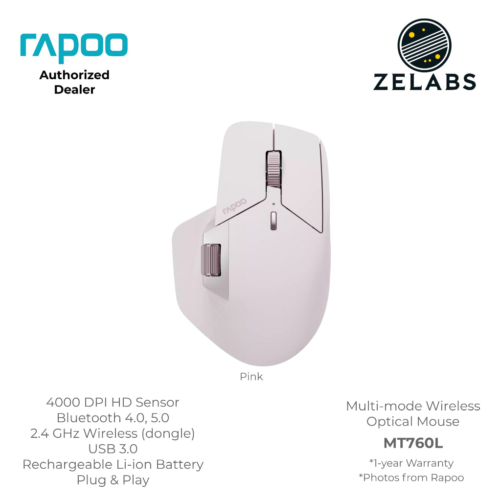 Rapoo MT760L Multi-Mode Rechargeable Bluetooth Wireless Optical Mouse - Adjustable DPI - Plug & Play