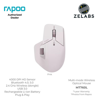 Rapoo MT760L Multi-Mode Rechargeable Bluetooth Wireless Optical Mouse - Adjustable DPI - Plug & Play
