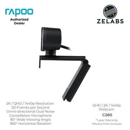 Rapoo C280 QHD / 2K / 1440P Webcam (Computer Camera) with Privacy Cover - USB 2.0 - Plug and Play