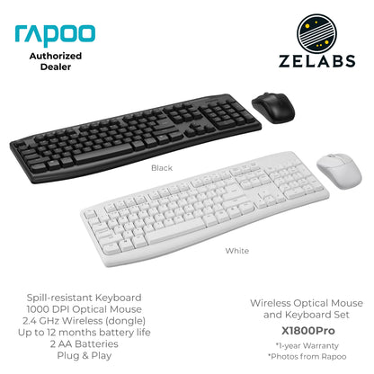 Rapoo X1800Pro Rechargeable Wireless Optical Mouse and Keyboard Set Bundle - Plug & Play - ISO