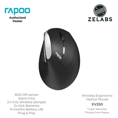 Rapoo EV250 2.4 GHz Wireless Ergonomic Vertical Mouse - Adjustable DPI - Plug & Play