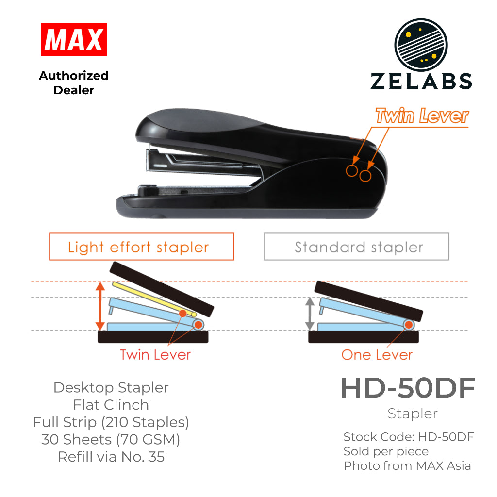 MAX HD-50DF Stapler - Flat Clinch Full Strip Desktop Stapler (Refill by No.35 Staples)