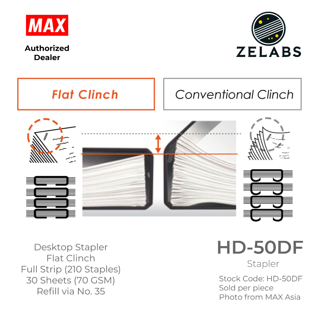 MAX HD-50DF Stapler - Flat Clinch Full Strip Desktop Stapler (Refill by No.35 Staples)