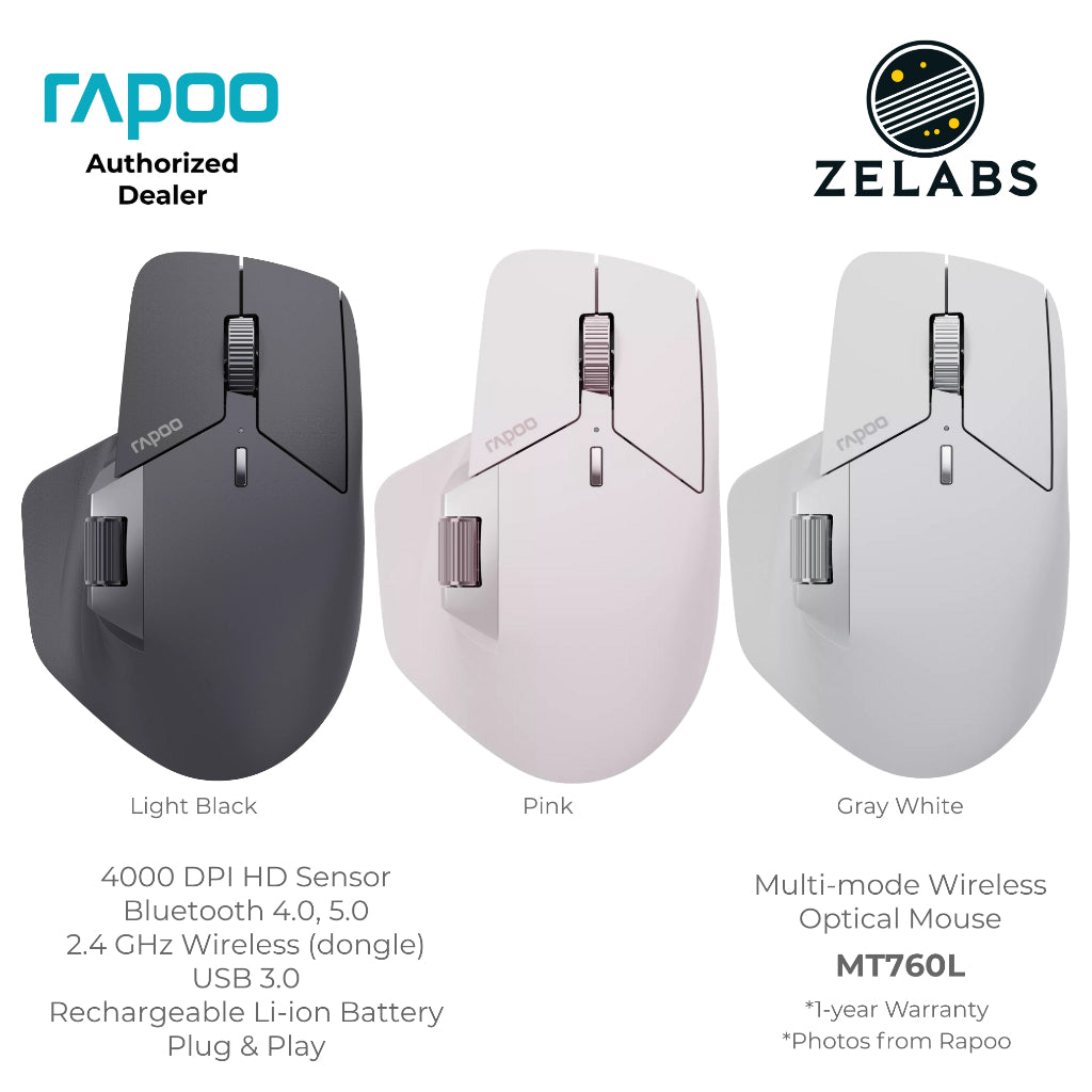 Rapoo MT760L Multi-Mode Rechargeable Bluetooth Wireless Optical Mouse - Adjustable DPI - Plug & Play