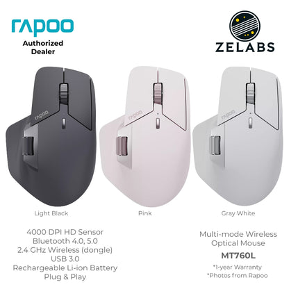 Rapoo MT760L Multi-Mode Rechargeable Bluetooth Wireless Optical Mouse - Adjustable DPI - Plug & Play