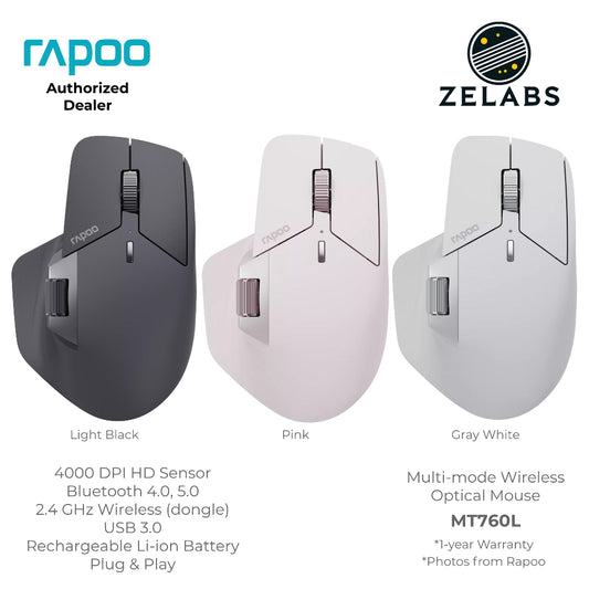Rapoo MT760L Multi-Mode Rechargeable Bluetooth Wireless Optical Mouse - Adjustable DPI - Plug & Play