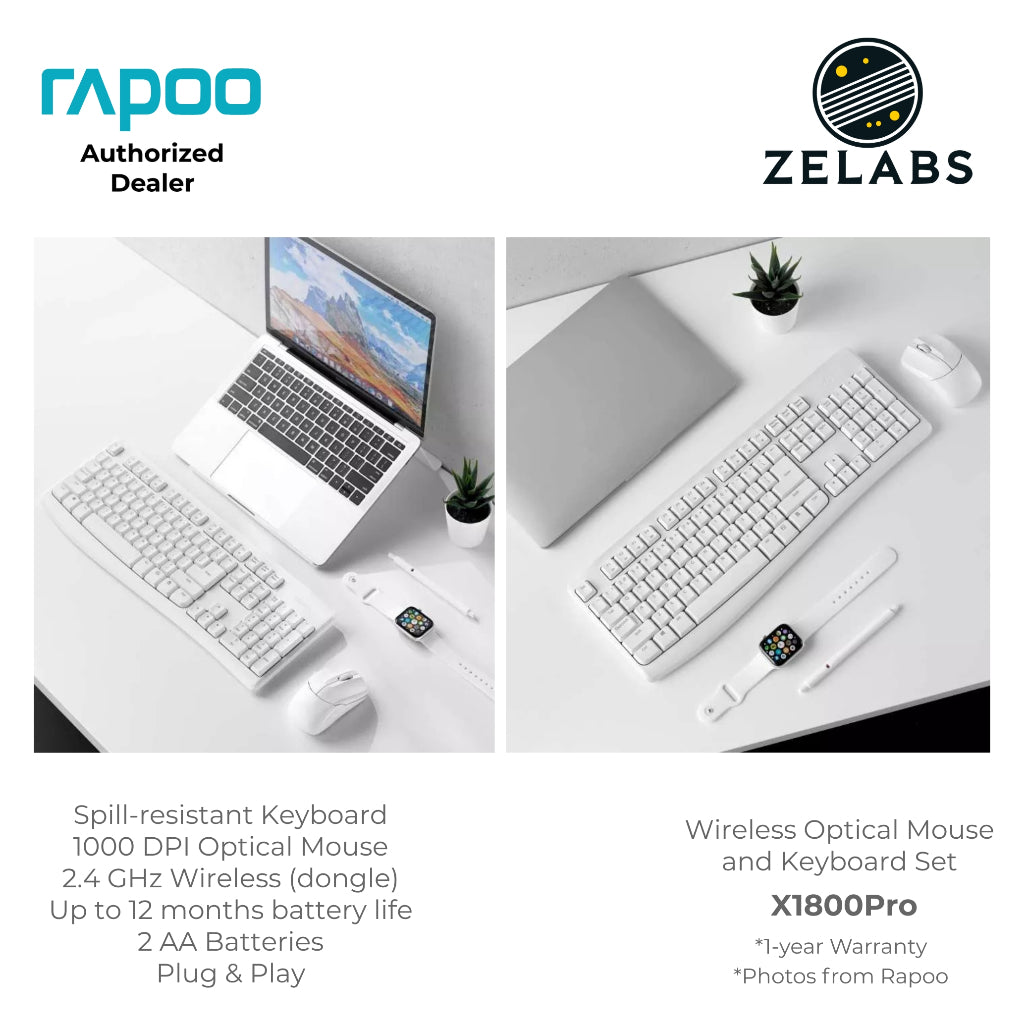 Rapoo X1800Pro Rechargeable Wireless Optical Mouse and Keyboard Set Bundle - Plug & Play - ISO