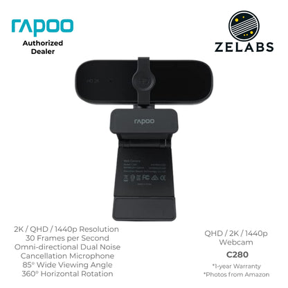 Rapoo C280 QHD / 2K / 1440P Webcam (Computer Camera) with Privacy Cover - USB 2.0 - Plug and Play