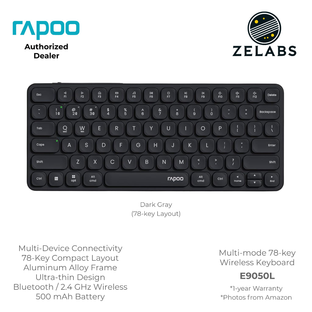 Rapoo E9050L Rechargeable Bluetooth Ultra-slim Multi-mode Wireless Keyboard - Aluminum Base - 78-key