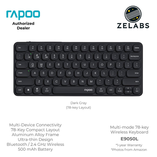 Rapoo E9050L Rechargeable Bluetooth Ultra-slim Multi-mode Wireless Keyboard - Aluminum Base - 78-key