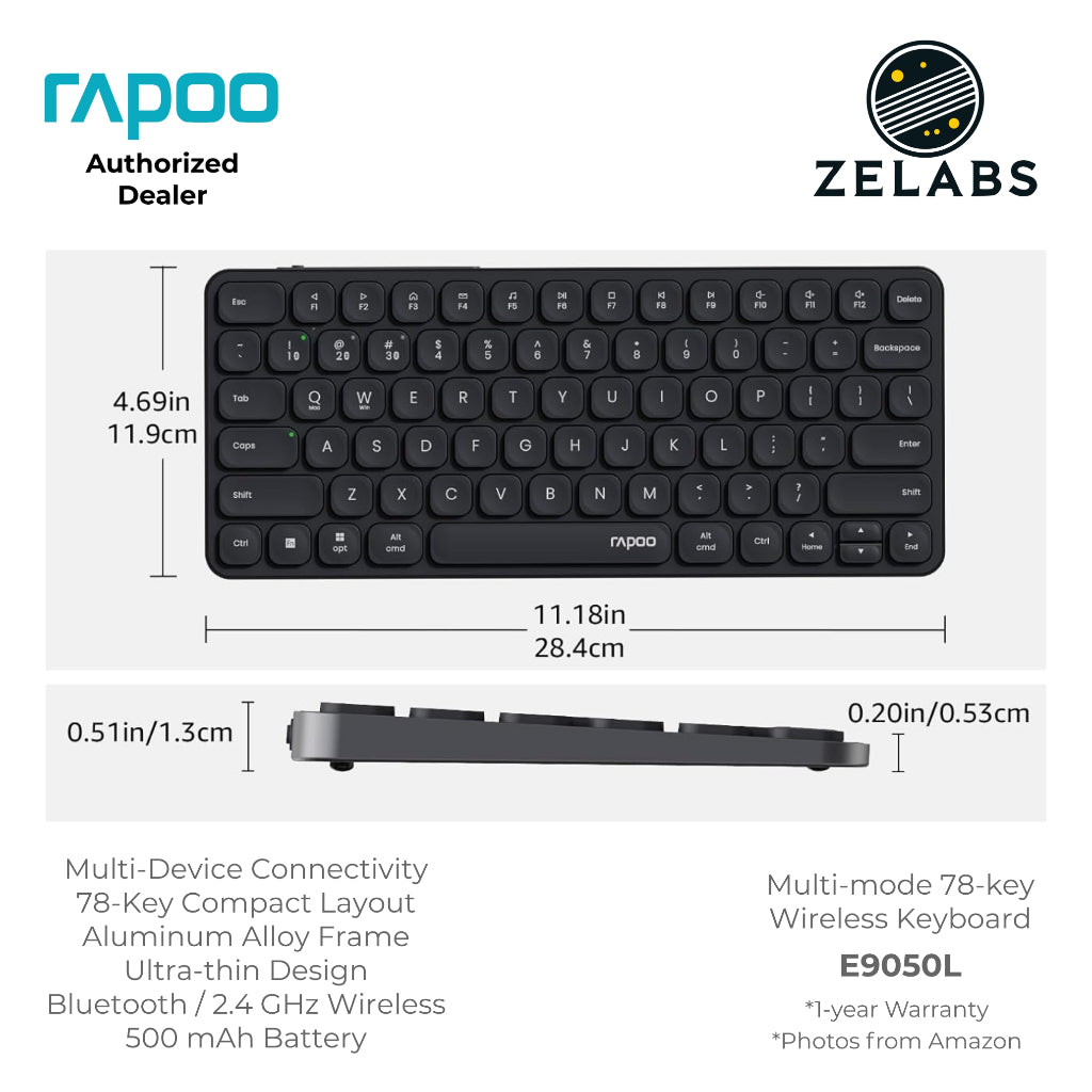 Rapoo E9050L Rechargeable Bluetooth Ultra-slim Multi-mode Wireless Keyboard - Aluminum Base - 78-key