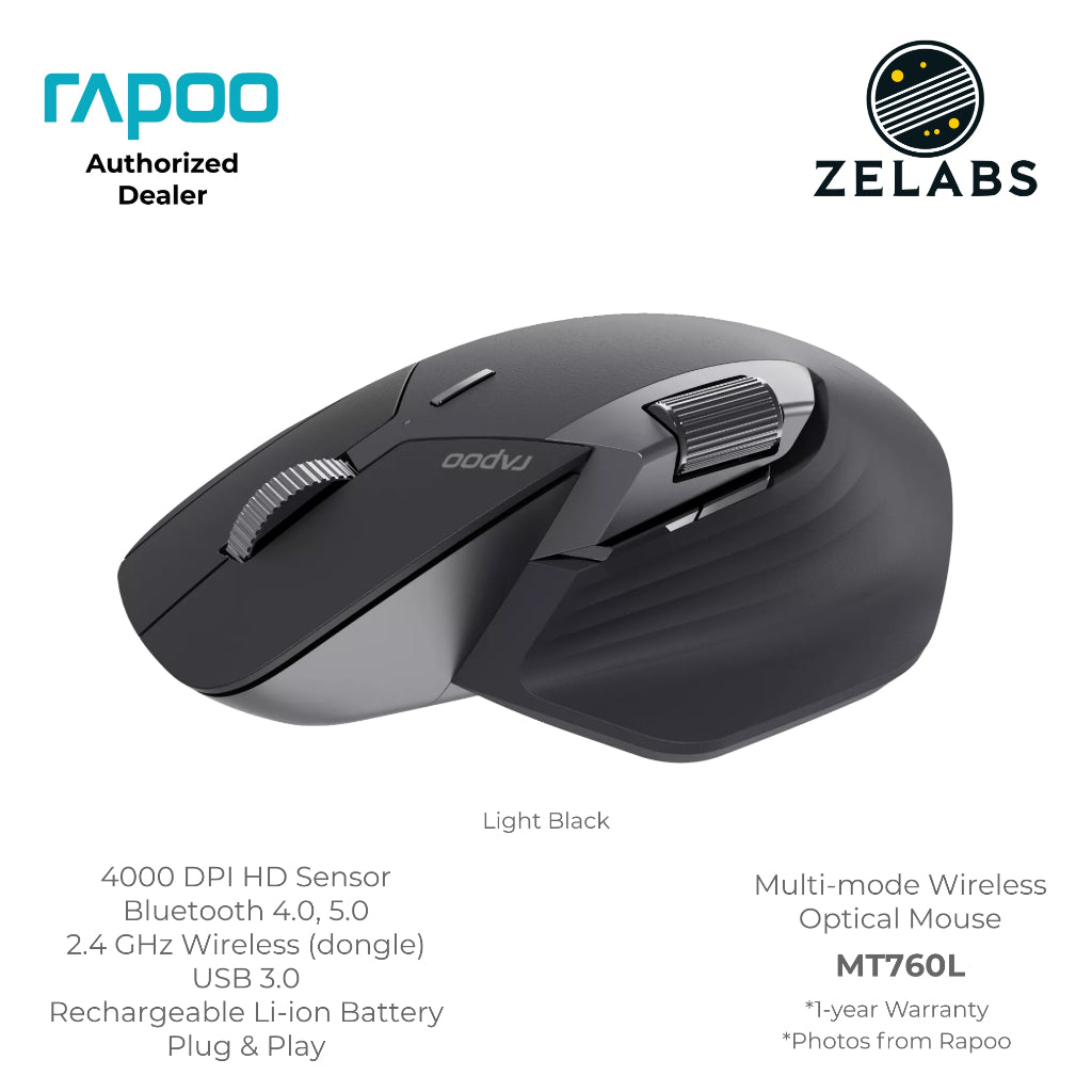 Rapoo MT760L Multi-Mode Rechargeable Bluetooth Wireless Optical Mouse - Adjustable DPI - Plug & Play