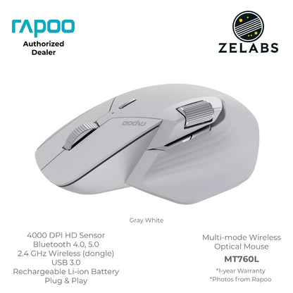 Rapoo MT760L Multi-Mode Rechargeable Bluetooth Wireless Optical Mouse - Adjustable DPI - Plug & Play