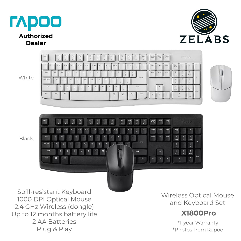 Rapoo X1800Pro Rechargeable Wireless Optical Mouse and Keyboard Set Bundle - Plug & Play - ISO