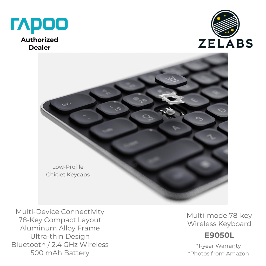 Rapoo E9050L Rechargeable Bluetooth Ultra-slim Multi-mode Wireless Keyboard - Aluminum Base - 78-key